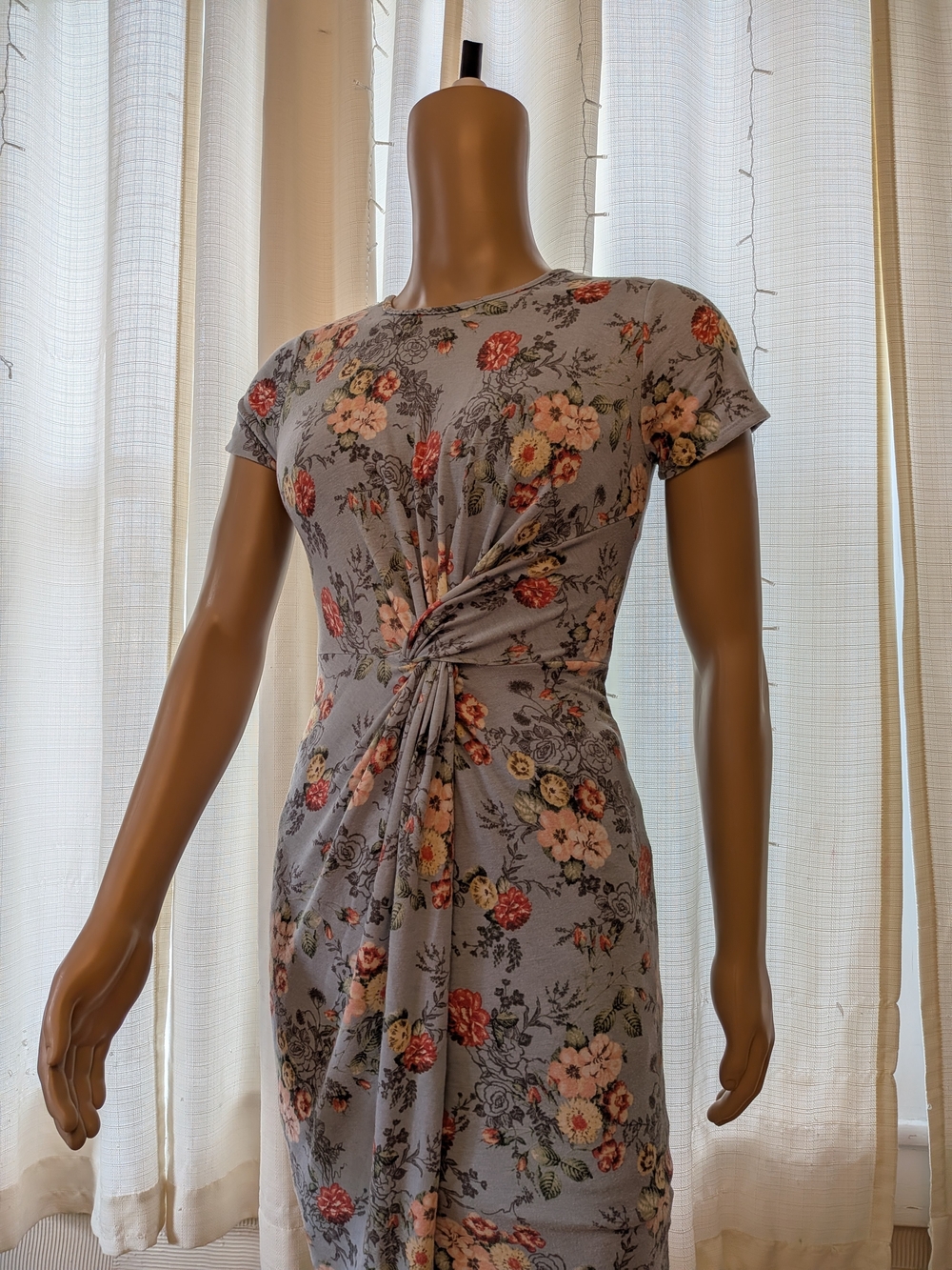 Sweet Claire Dusty Gray Floral Twist-Front Midi Dress